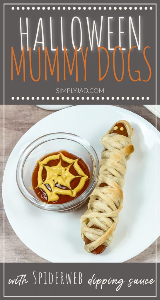 Mummy Dogs with Spiderweb Dipping Sauce Pin
