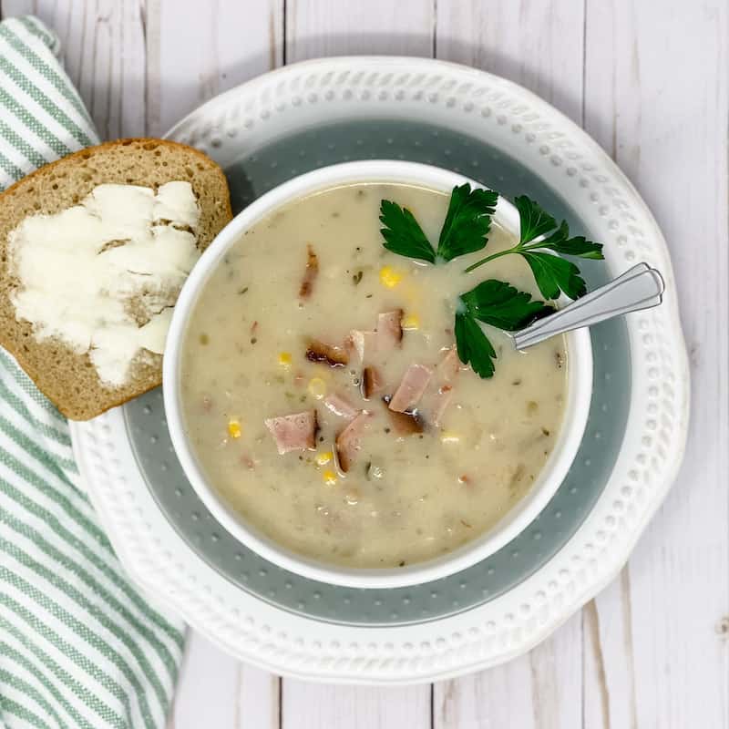 Yummy ham and corn chowder with a side of homemade bread